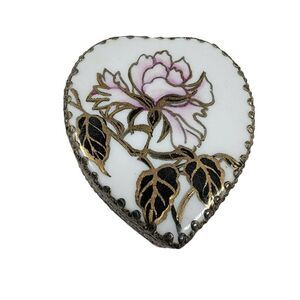 Vintage Silver Toned Heart Shaped Trinket Box Ornate Peony Love Nature Jewelry